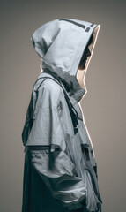 Wall Mural - Side profile view of faceless model in modular white-gray techwear outfit, cape partially flowing, sharp seams and tech panels glowing subtly ambient rimlight cyan