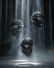 Wall Mural - Three modular tactical masks lined up floating in a vertical column, each lit from a different angle 
