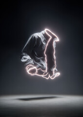 Wall Mural - Abstract sculptural techwear collar floating midair, inner neon threads visible, twisting slightly as if in slow motion, backlit with fog halo, isolated fashion product mood 