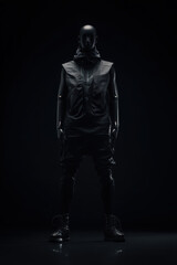 Wall Mural - Symmetrical frontal mannequin portrait in chrome-gray techwear armor vest, arms slightly apart