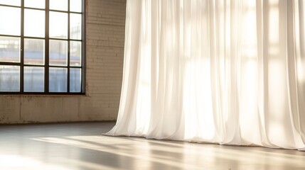 Fototapete - Bright airy room with flowing white sheer curtains illuminated by soft morning light creating a tranquil and elegant atmosphere.