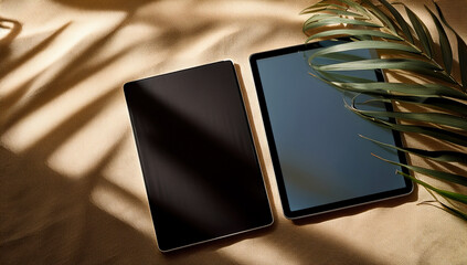 Notebook and iPad on Beige Fabric Mat with Light Shadow and Palm Leaf