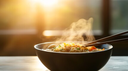 Poster - Warm steaming bowl of ramen with colorful vegetables and noodles, chopsticks resting on the side, natural soft light highlighting the steam, cozy kitchen background, inviting comfort food scene.