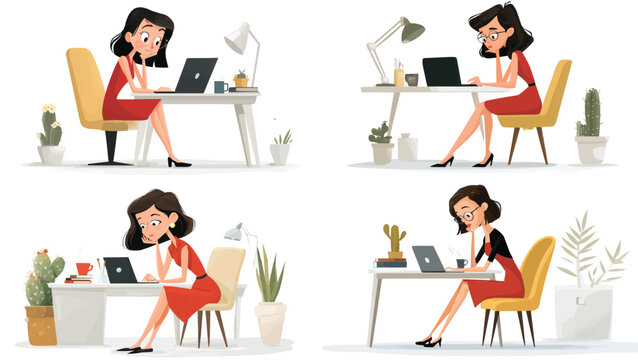 Set of illustrations showing a woman working at her desk on a laptop