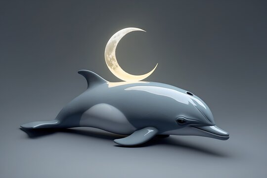 Serene Dolphin and Crescent Moon A Dreamlike 3D Render