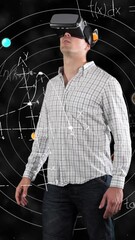 Poster - Animation of businessman wearing vr headset over equations and solar system