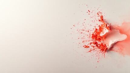 Aufkleber - Vibrant explosion of red and orange paint splatters on a creamcolored canvas with dynamic motion and textured depth, captured in a medium shot.