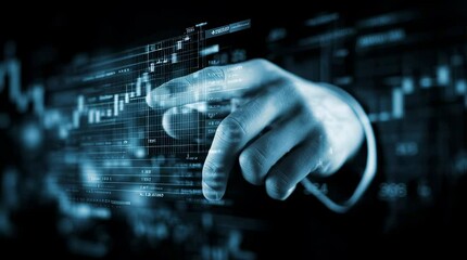 Aufkleber - Create a detailed prompt for an image depicting a hand interacting with a futuristic financial interface showing stock market data, charts, and graphs.