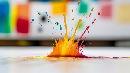 Poster - Vibrant artistic splash of color on white canvas with dynamic paint effects and soft natural lighting in creative studio setting.