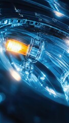 Poster - Close-up shot of a bright blue light in a dark room, perfect for use as a highlight or to add drama to any scene