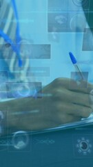 Poster - Animation of data processing and round scanners over mid section of businessman writing on clipboard