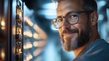 Poster - Smiling technician working on high-tech equipment in a modern data center during evening hours
