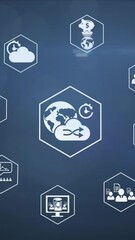 Poster - Animation of cloud, data transfer and business networking icons over glowing screens processing data