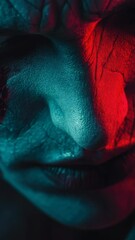 Poster - A close-up of a person's face illuminated by a bright red light, useful for scenes where attention is focused on the character's emotions