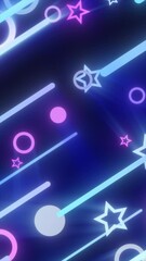 Poster - Glowing neon shapes including circles and stars on a dark background with a playful geometric layout
