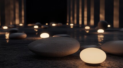 Poster - Illuminated stones on a dark reflective surface in a serene atmosphere at twilight