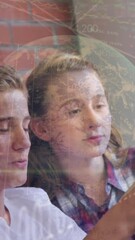 Poster - Animation of financial graph and globe over happy diverse pupils taking selfie at school