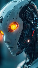 Poster - A close-up view of a robot's head with bright, shining eyes