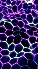 Poster - Vibrant glowing hexagonal grid in blue and pink neon forming a dynamic, flowing digital surface