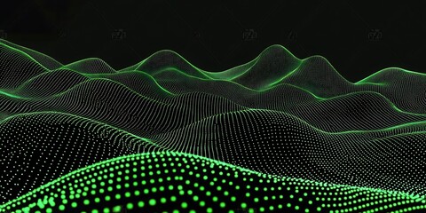 Poster - Abstract black dark background with green dots and lines, a wave pattern on the surface of mountains, flowing dots particles wave pattern 3D curve halftone blue green gradient curve shape isolated.