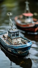 Wall Mural - a small toy boat floats on the surface of a calm body of water, great for use in advertisements, edi