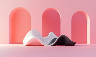 Poster - Minimalist abstract background, primitive geometrical figures, trend poster, 3D render, for advertising. An abstract minimal scene with geometrical forms. Pink background.