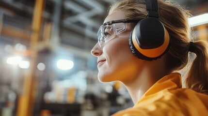 Poster - Woman in protective gear working in manufacturing facility with safety headphones and eyewear during daytime operations