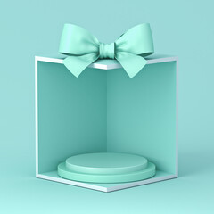 Aufkleber - Blank blue round podium pedestals in exhibition booth gift box corner product display mockup showcase stand with blue green mint ribbon bow on blue pastel background creative concept idea 3D rendering