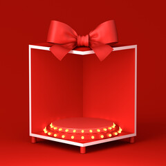 Aufkleber - Blank red retro light bulb round podium pedestal in exhibition booth gift box corner product display mockup showcase stand with red ribbon bow on dark red background creative concept idea 3D rendering