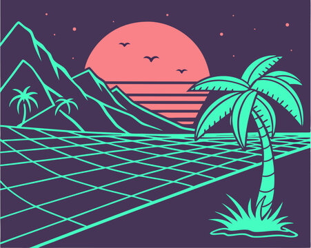 night landscape with palm trees and moon