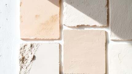 Poster - Subtle textures and hues of wall plaster samples illuminated by soft natural light in a creative workspace