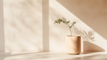 Poster - Sunlit indoor plant in a minimalist pot casting gentle shadows on a beige wall in a cozy space