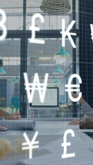 Poster - Animation of multiple letters and symbols over diverse coworkers shaking hands after meeting
