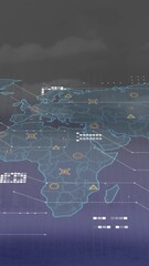 Poster - Animation of world map and data processing against aerial view of cityscape