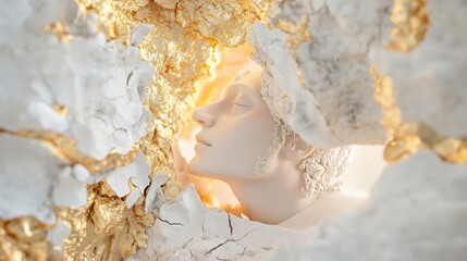 Poster - Creative representation of human expression through layered textures and golden highlights in an artistic setting