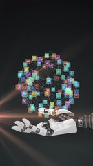 Poster - Animation of network of media icons over hand of robot arm, with moving light on dark background