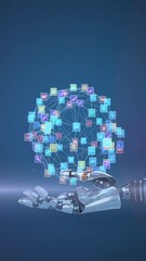 Poster - Animation of network of media icons over hand of robot arm, with moving light on dark background