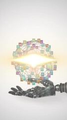 Poster - Animation of network of media icons and glowing light over hand of robot arm, on grey background