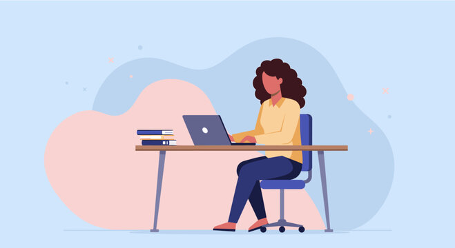 A vibrant illustration showcases a woman working on a laptop at a desk, perfect for web design, presentations, and marketing materials with a flat design aesthetic.