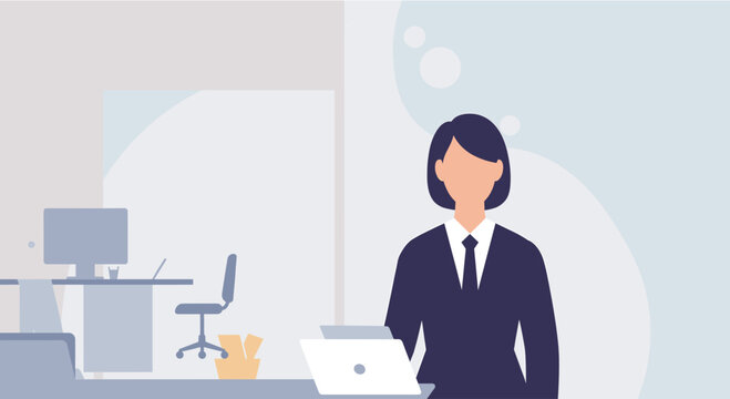 A professional businesswoman stands confidently in a modern flat design office setting, ideal for corporate web pages or digital marketing campaigns.