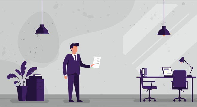 Stylish businessman presenting a document in a modern office, ideal for landing page banners, marketing materials, and web design projects, using flat design illustration style.