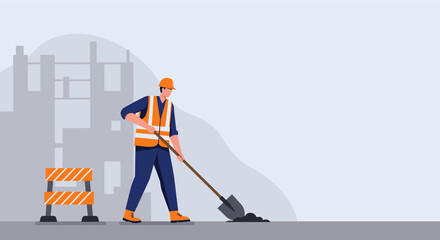 Construction worker with shovel, flat design illustration perfect for landing pages, banners, marketing websites, presentations, and infographics, featuring a modern web design style.