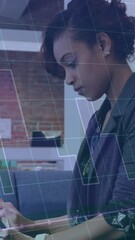 Poster - Animation of graph and grid pattern over woman scrolling on digital tablet in office