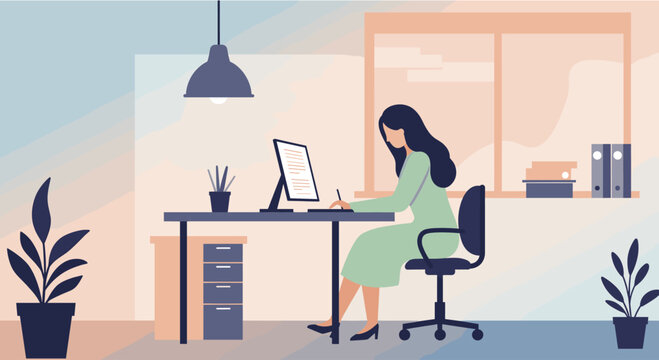 An illustrated woman diligently working on her computer in a modern home office, perfect for web design and marketing materials.