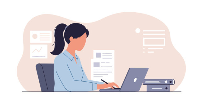 Flat design illustration of a woman working on a laptop, ideal for marketing, web design, and presentation graphics.