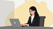 © Digital Work Space - a woman in a business suit sitting at a desk and working on a laptop computer. Suitable for landing page, banner, marketing, web design, presentation, infographic, etc.