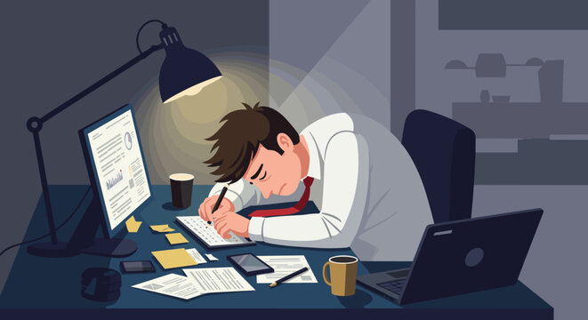 Tired businessman working late on a marketing presentation, flat design illustration perfect for landing page banner or web design project.