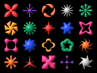 Aufkleber - 3D Y2K brutalism shapes and abstract geometric or futuristic elements, vector icons. Y2K brutalism figures of 3D colorful plastic brutal geometric elements and futuristic techno shapes and objects