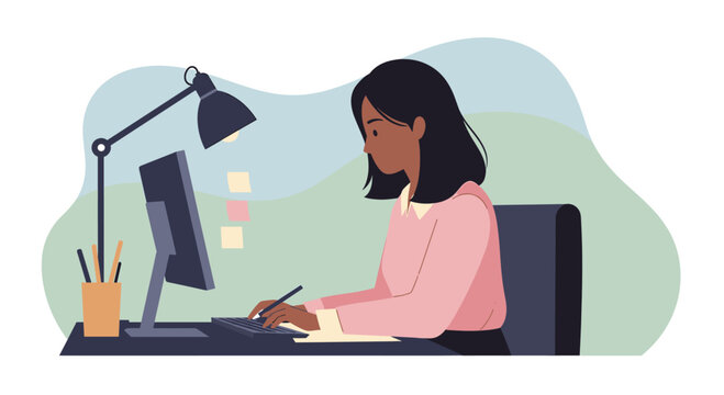 A young woman works diligently at her desk, illuminated by a desk lamp, using a computer and taking notes, ideal for web design, marketing, or presentation content.