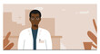 © Digital Work Space - A confident Black male professional in a white lab coat and glasses stands in a modern, minimalist office setting, depicted in a clean flat design illustration.